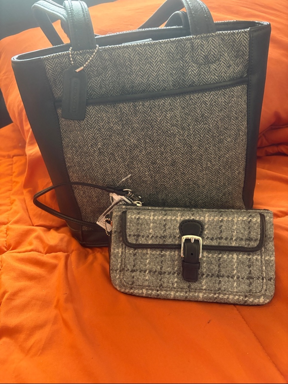 Coach Gray Herringbone Tote with Black Trim W/tweed herringbone gray wallet